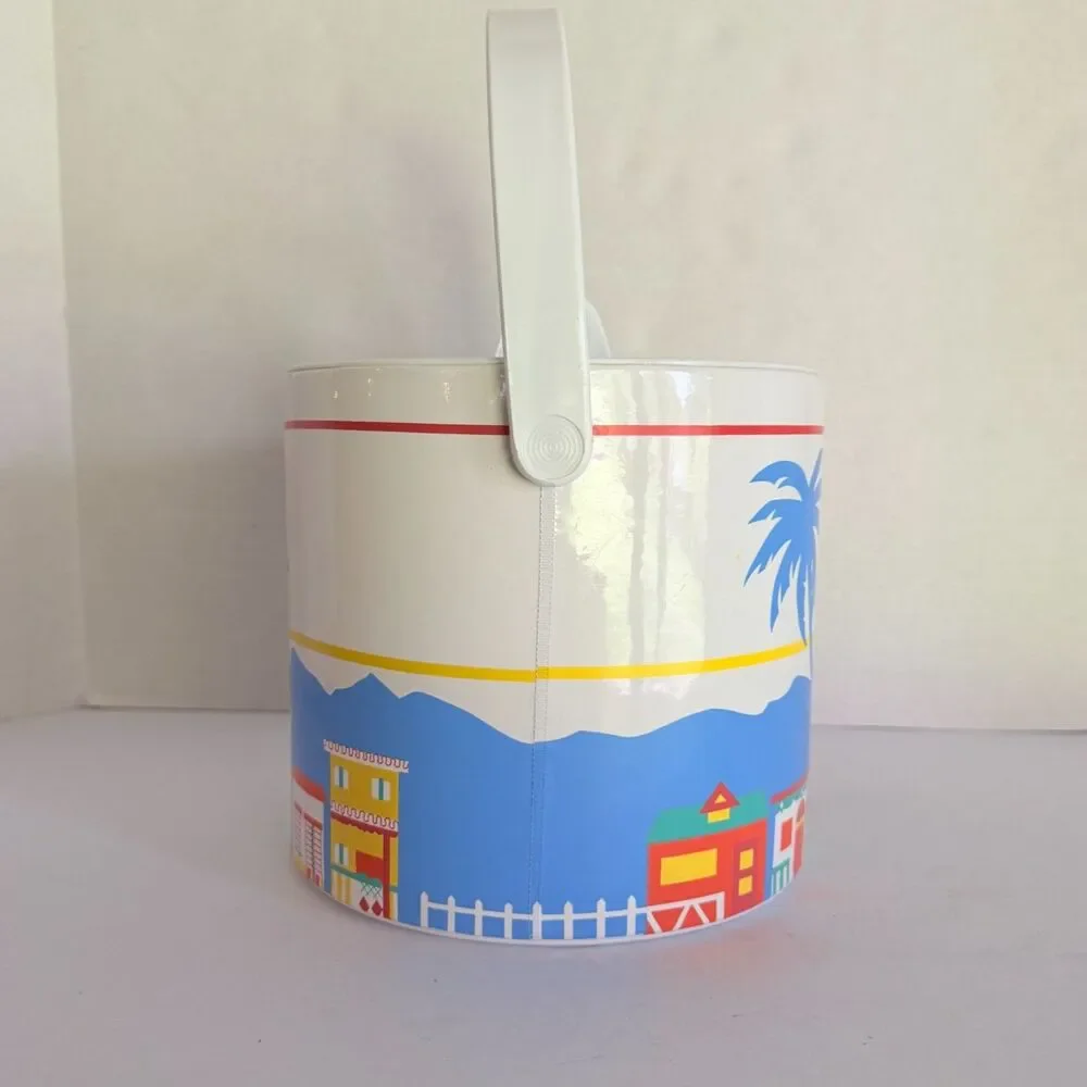 VTG 80s 90s Ice Bucket, Summer Tropical Vacation Palm Trees Houses
